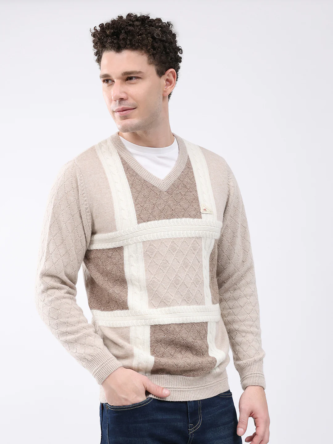 Men Beige Self Design V Neck Full Sleeve Pullover - Image 4