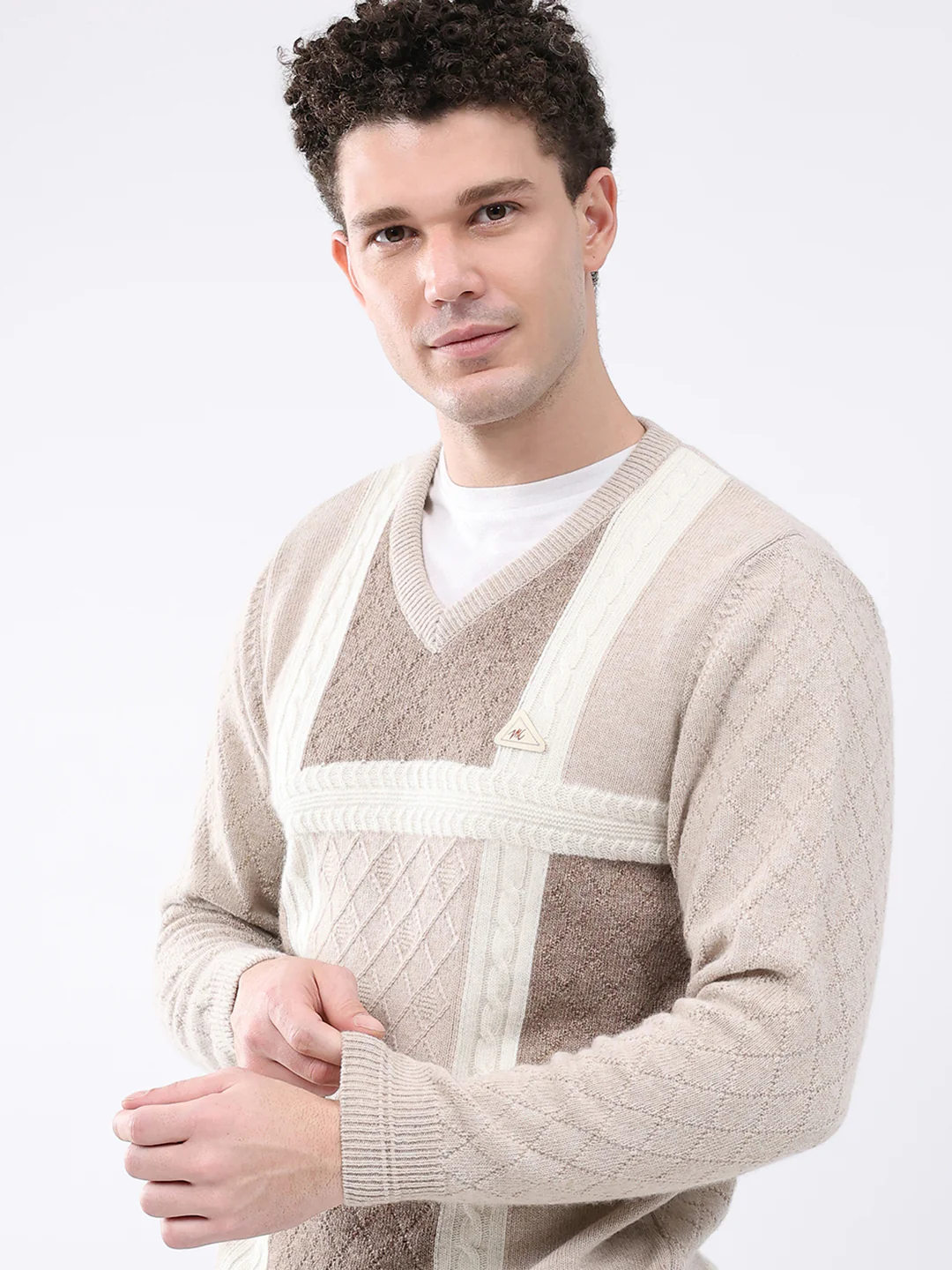 Men Beige Self Design V Neck Full Sleeve Pullover - Image 6