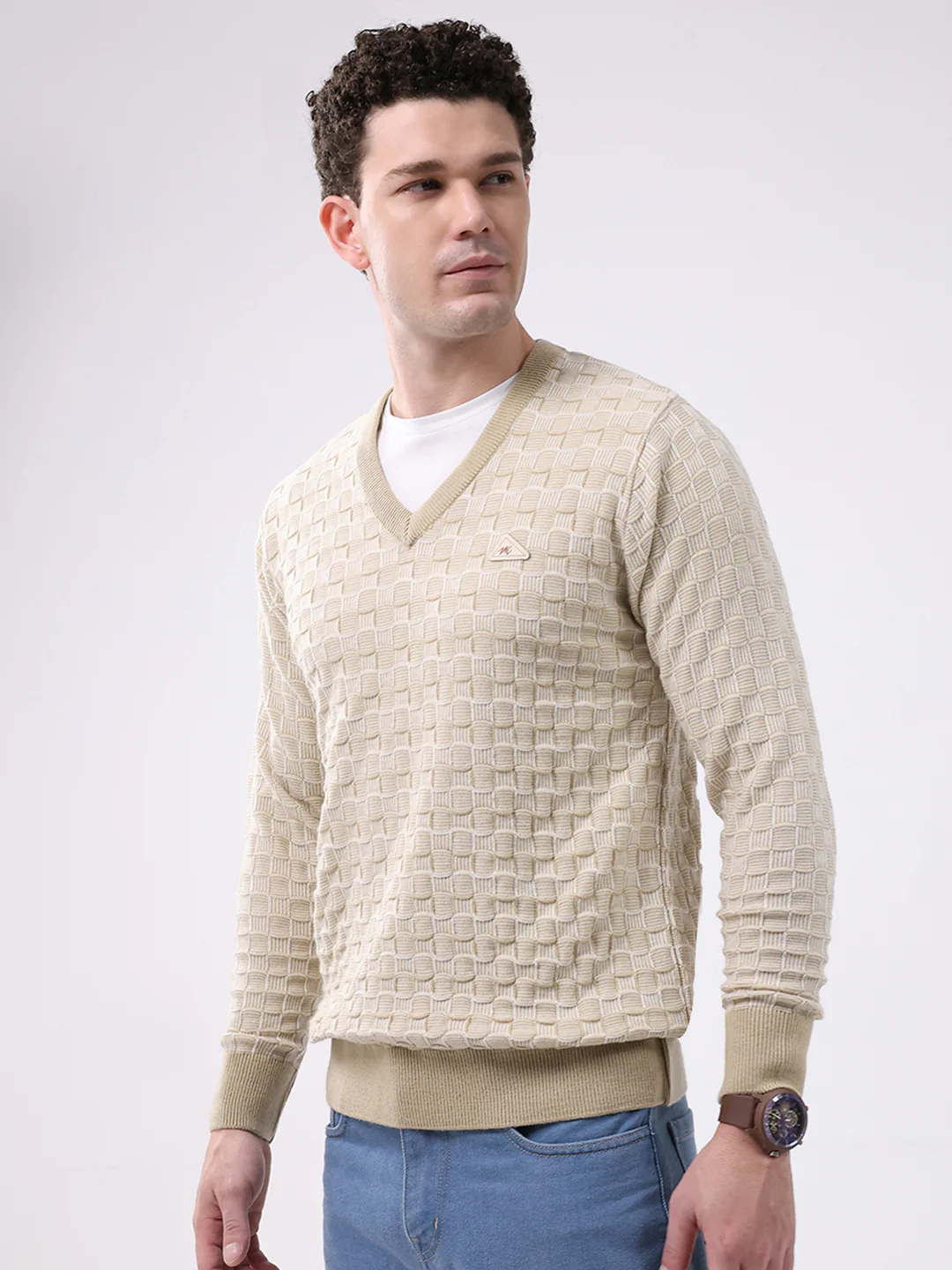 Men Beige Self Design V Neck Full Sleeve Pullover - Image 3