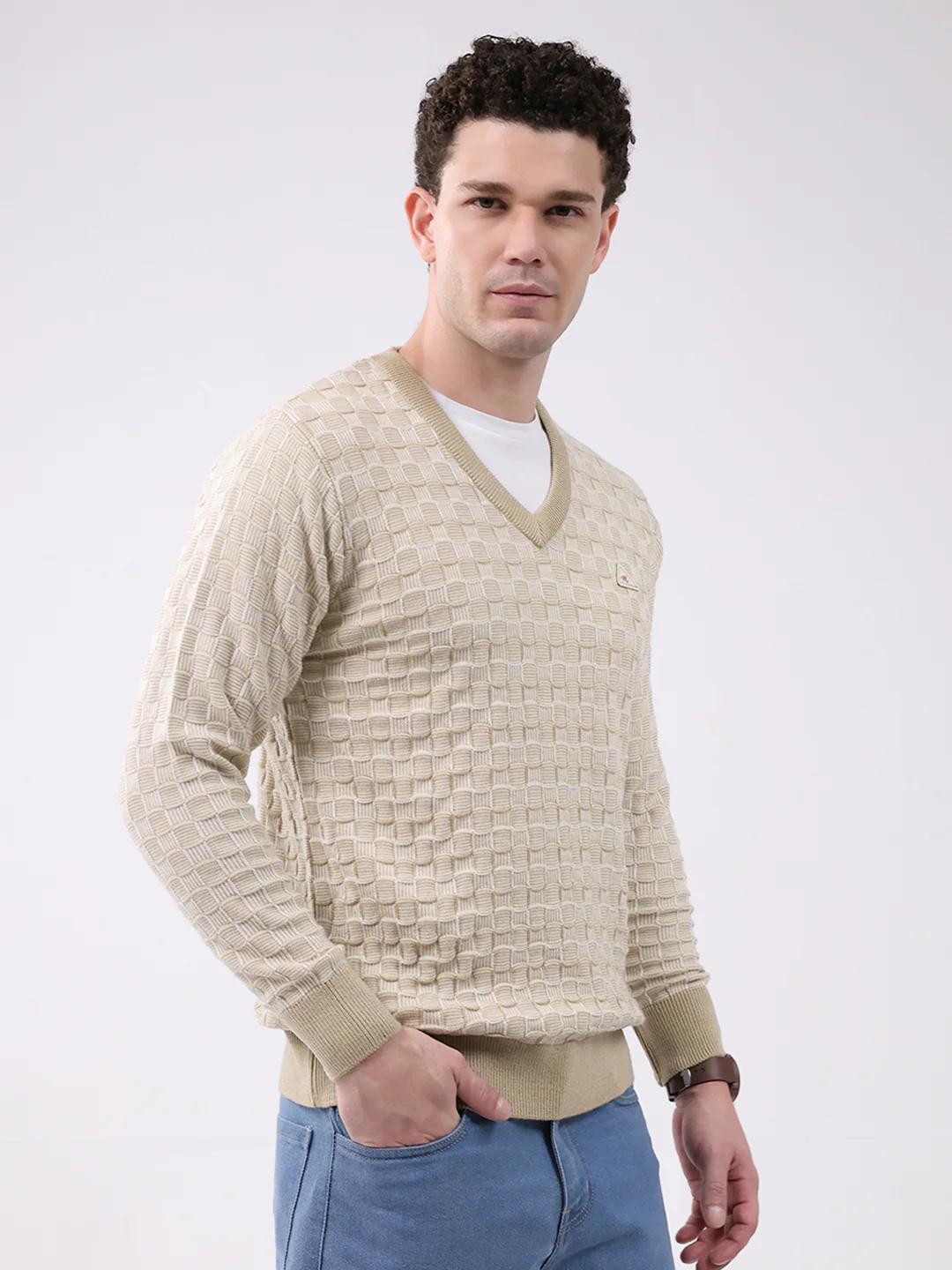 Men Beige Self Design V Neck Full Sleeve Pullover - Image 4