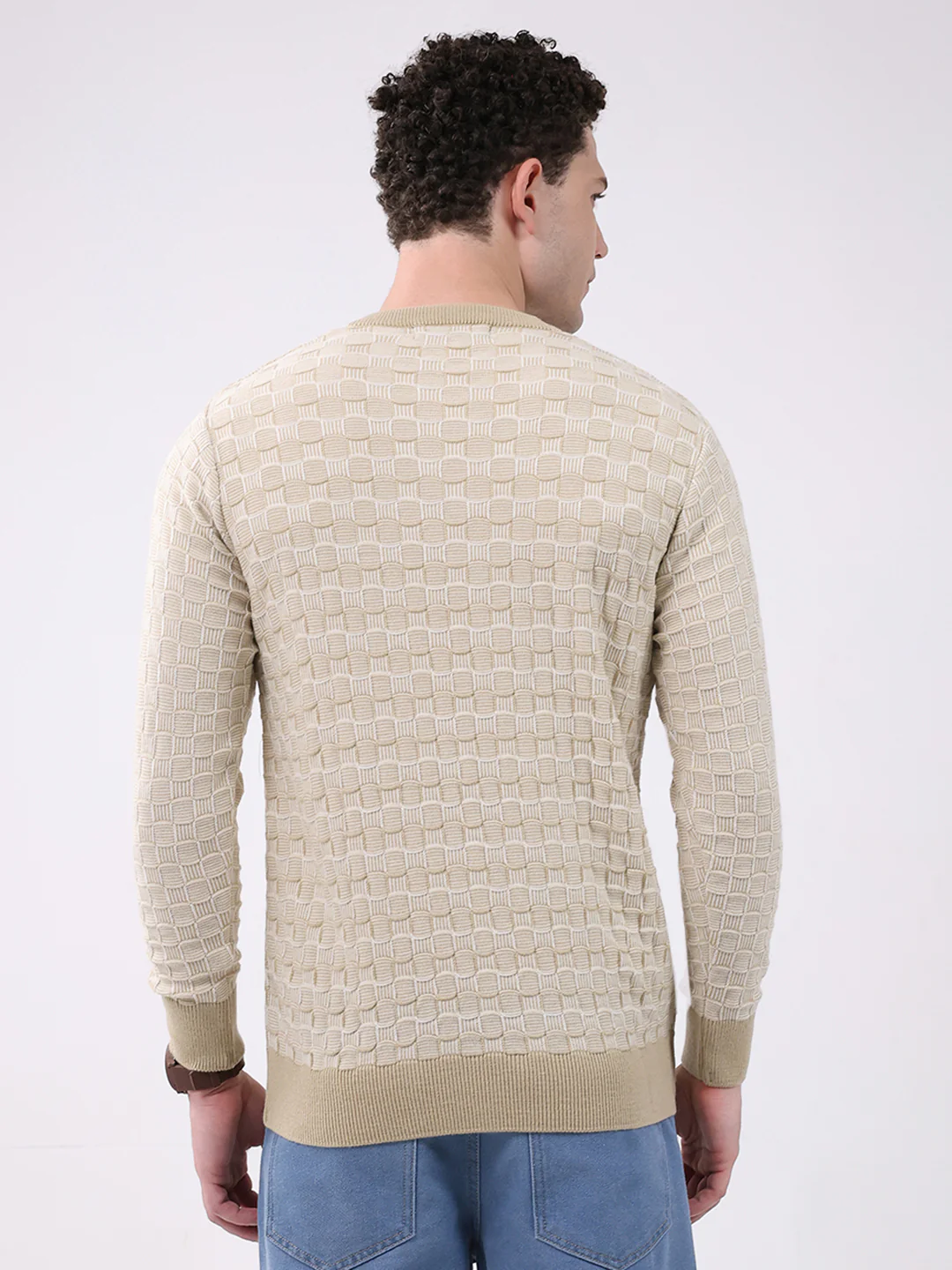 Men Beige Self Design V Neck Full Sleeve Pullover - Image 5