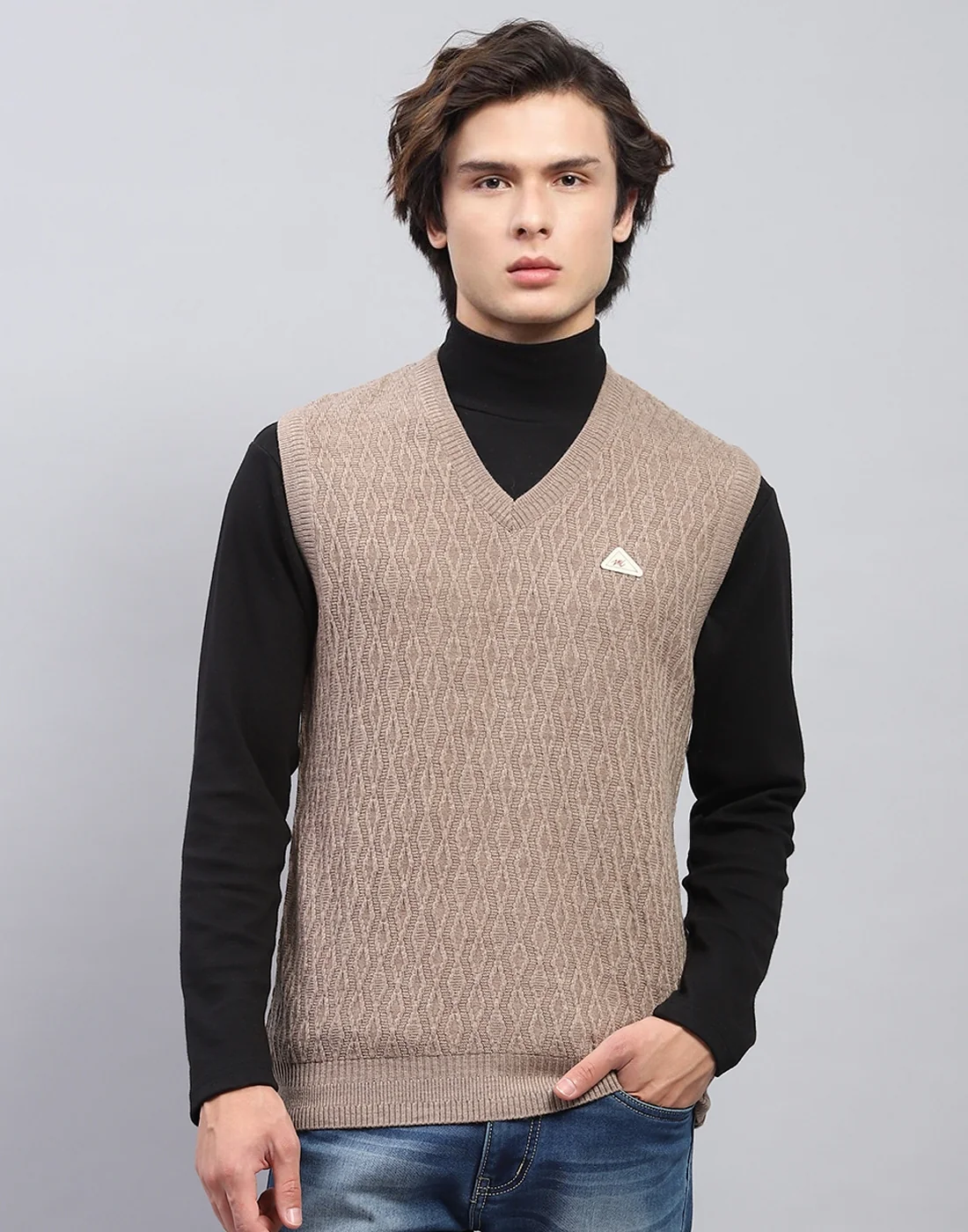 Men Beige Self Design V Neck Sleeveless Sweater - Image 2
