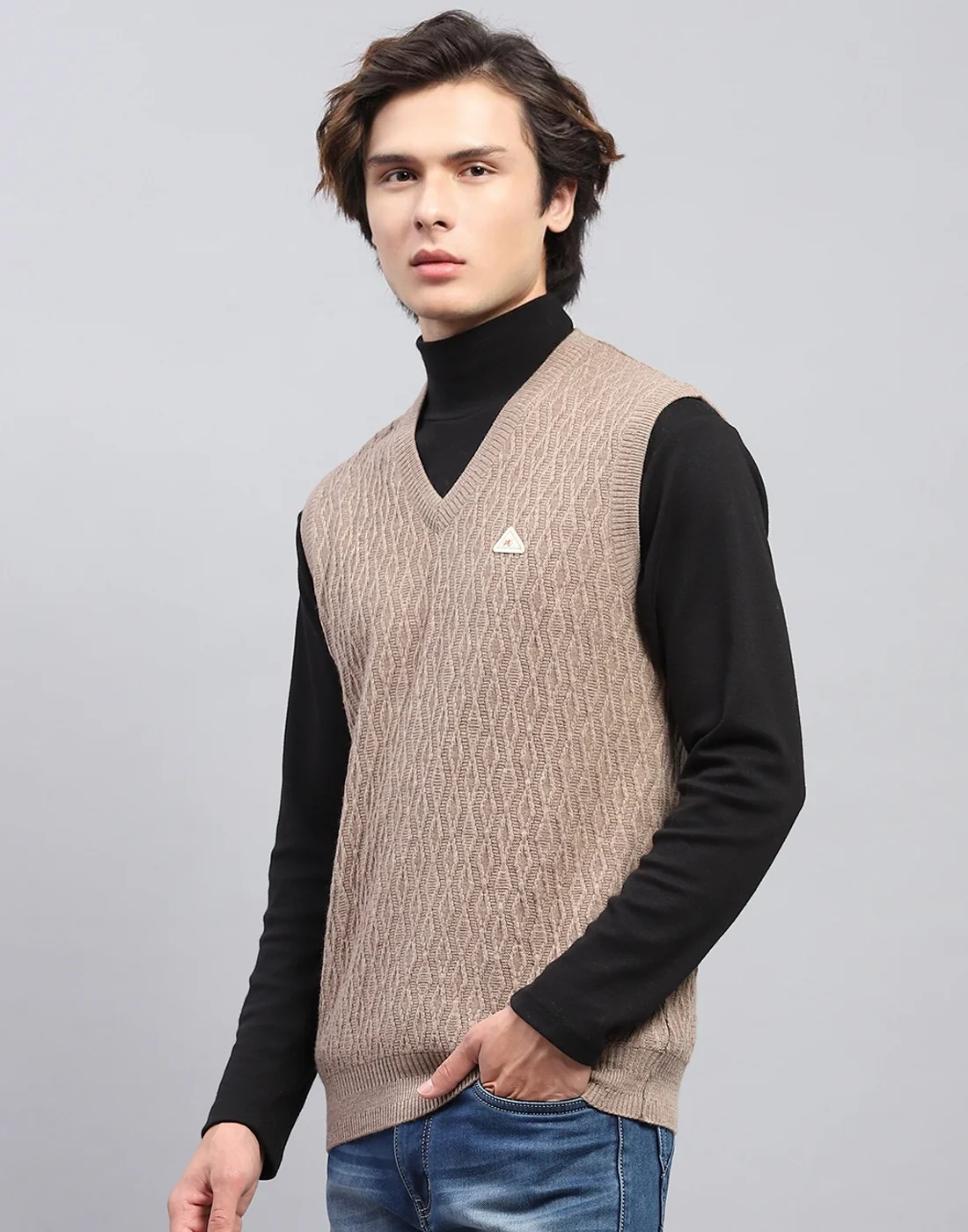 Men Beige Self Design V Neck Sleeveless Sweater - Image 3