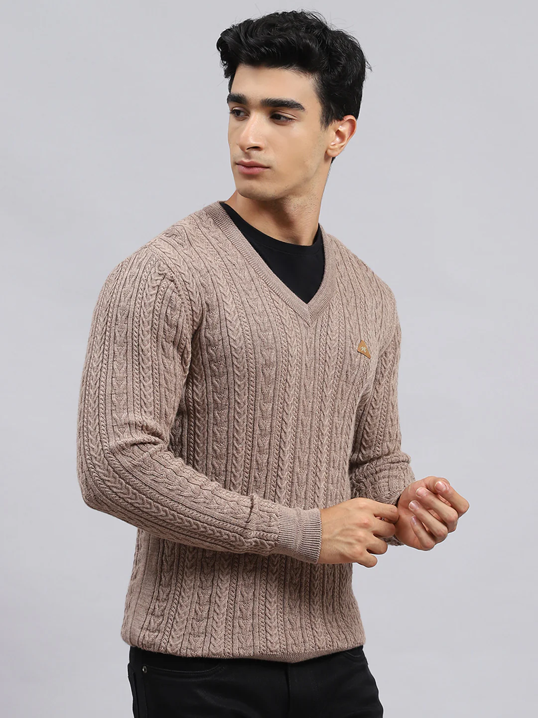 Men Beige Self Pullover - Image 3
