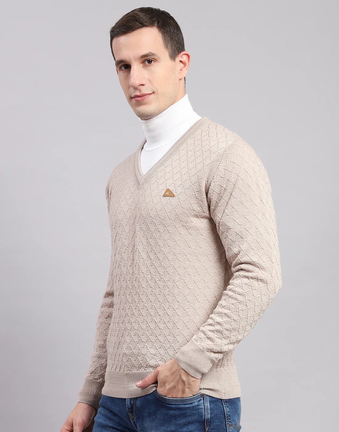 Men Beige Self Design V Neck Full Sleeve Sweaters/Pullovers - Image 3