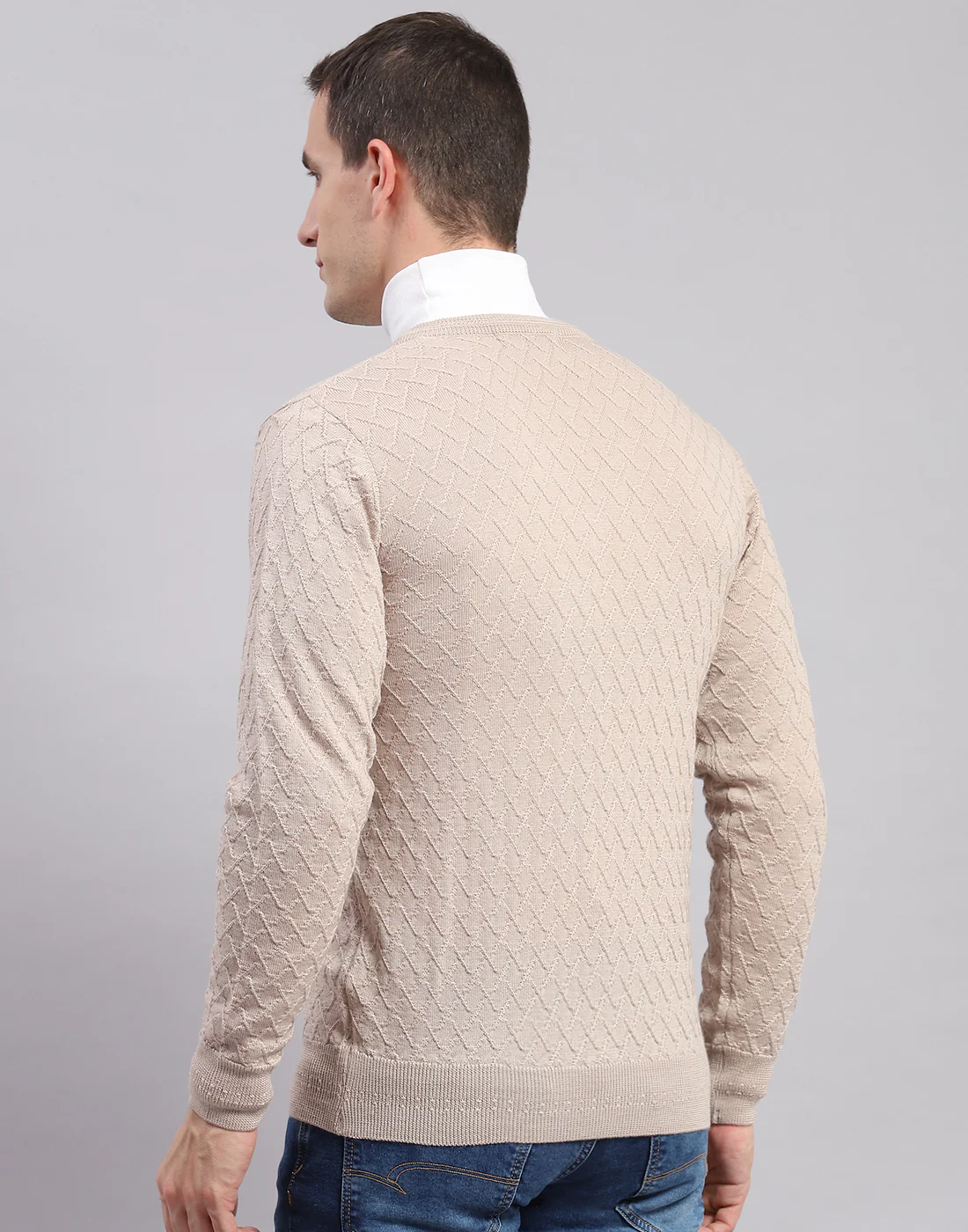 Men Beige Self Design V Neck Full Sleeve Sweaters/Pullovers - Image 5