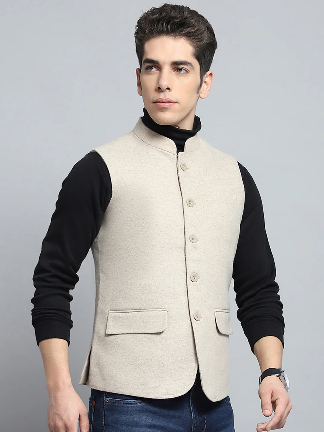 Men Beige Solid Band Collar Sleeveless Jacket - Image 4