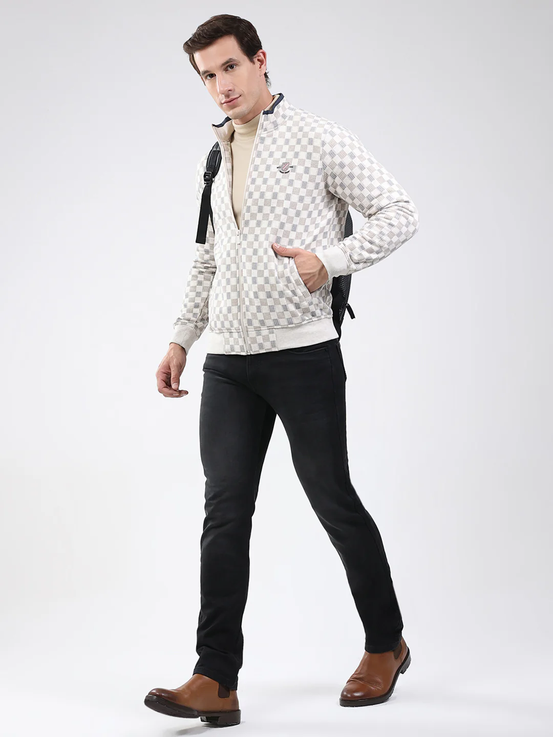 Men Beige Solid Band Neck Full Sleeve Sweatshirt - Image 2