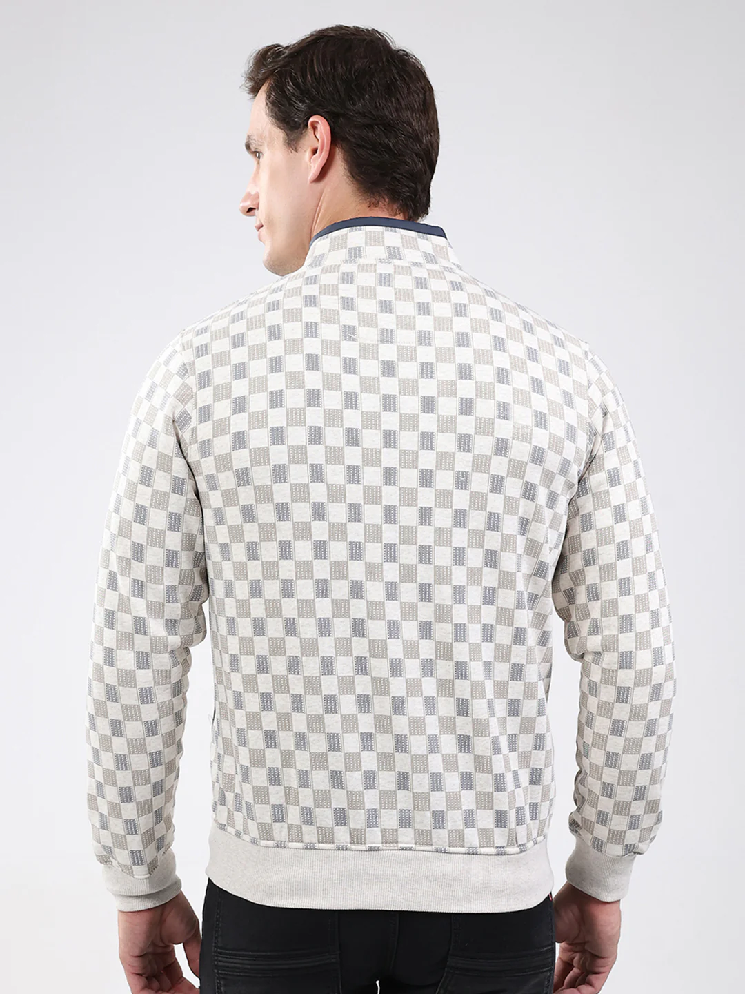 Men Beige Solid Band Neck Full Sleeve Sweatshirt - Image 5