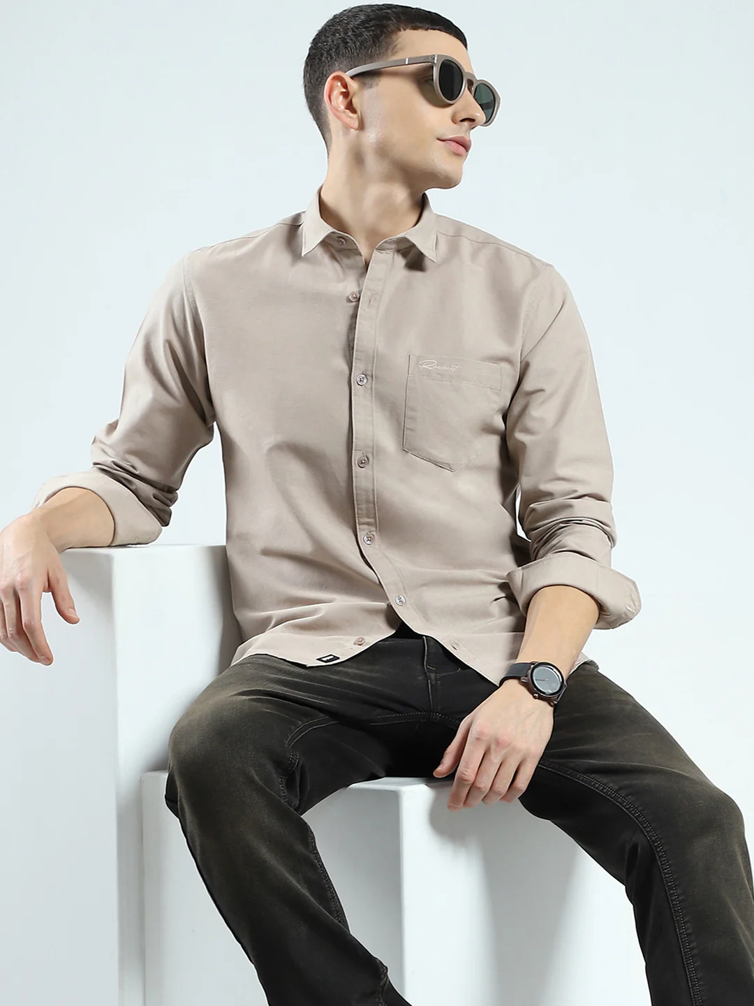 Rock.it Men Beige Solid Collar Full Sleeve Shirt - Image 6