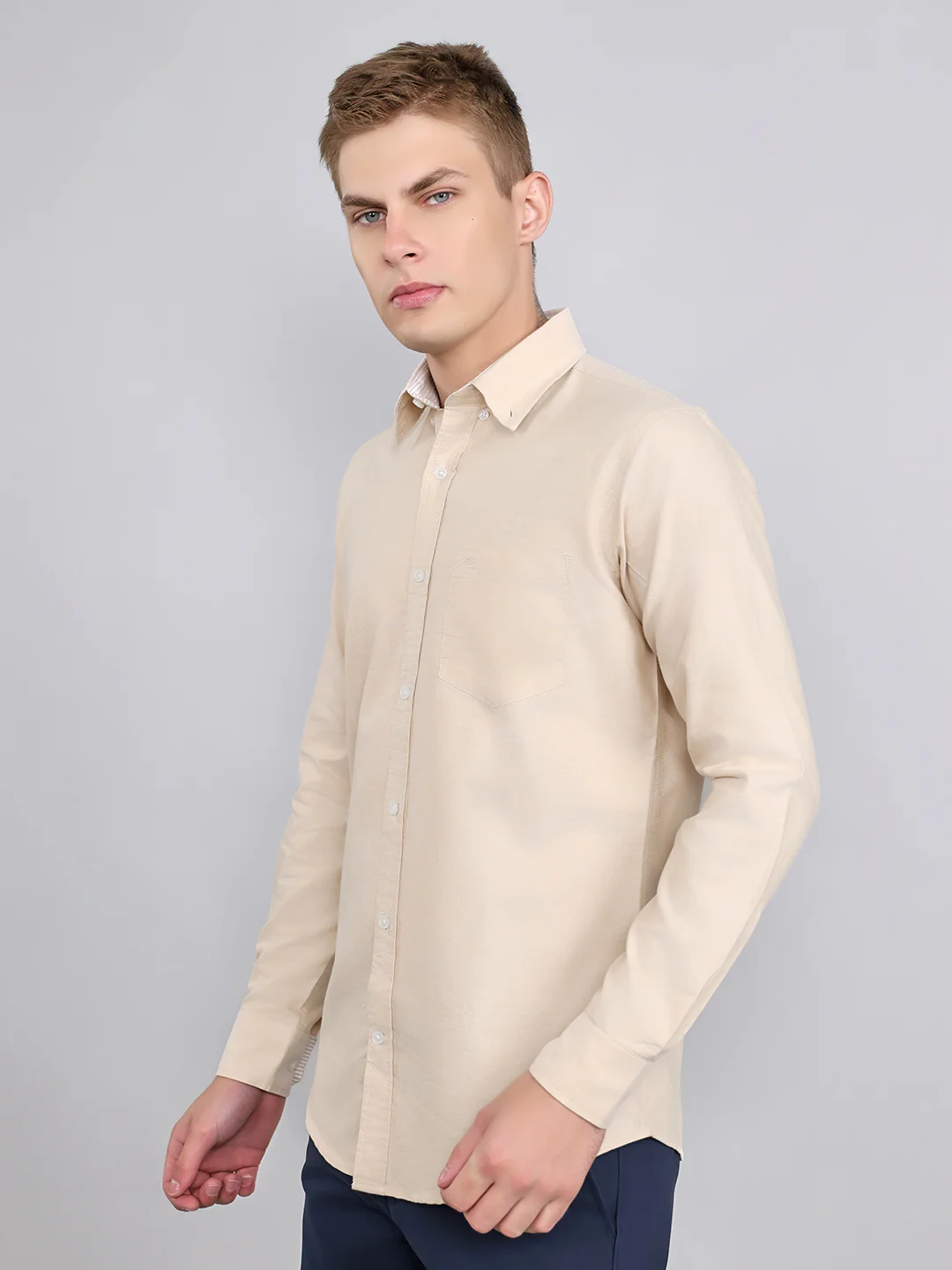 Men Beige Solid Collar Full Sleeve Shirt - Image 2