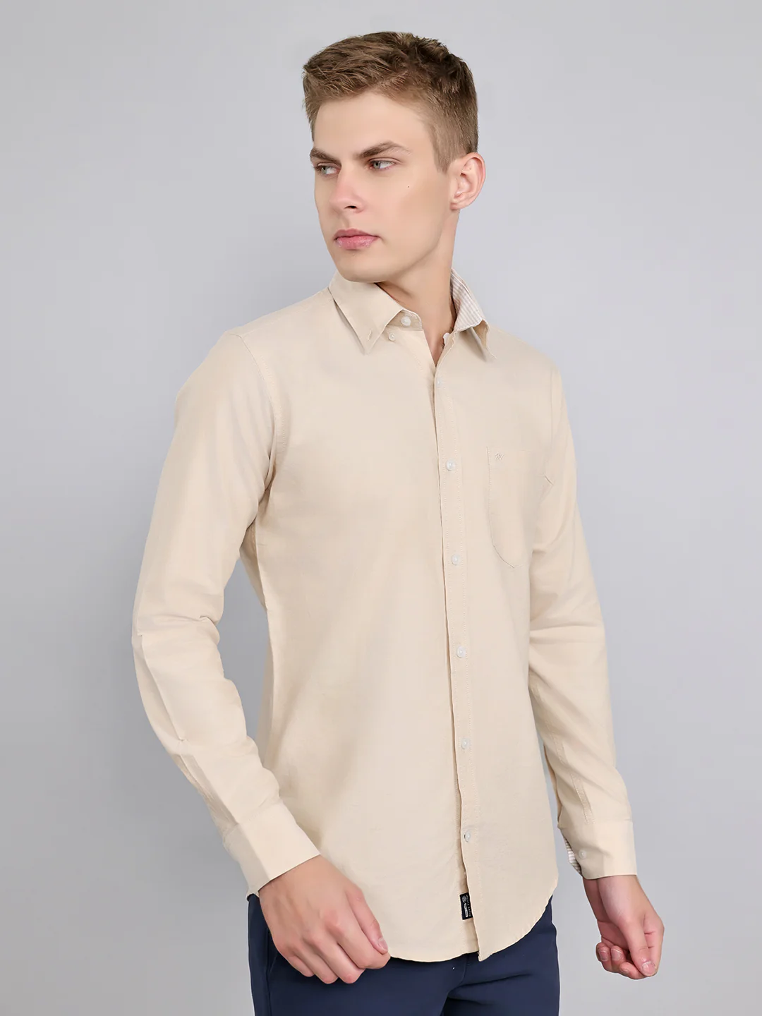 Men Beige Solid Collar Full Sleeve Shirt - Image 3