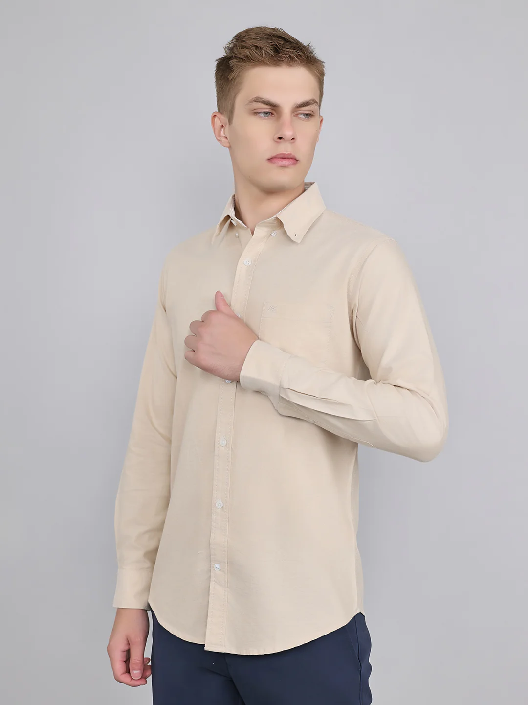 Men Beige Solid Collar Full Sleeve Shirt - Image 4