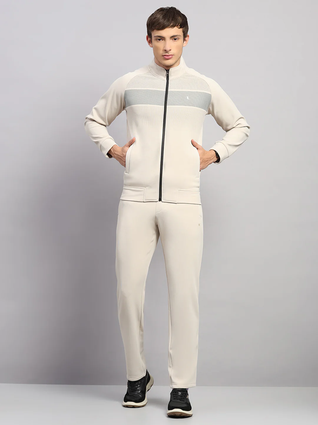 Luxuria Men Beige Solid Collar Full Sleeve Winter Tracksuit