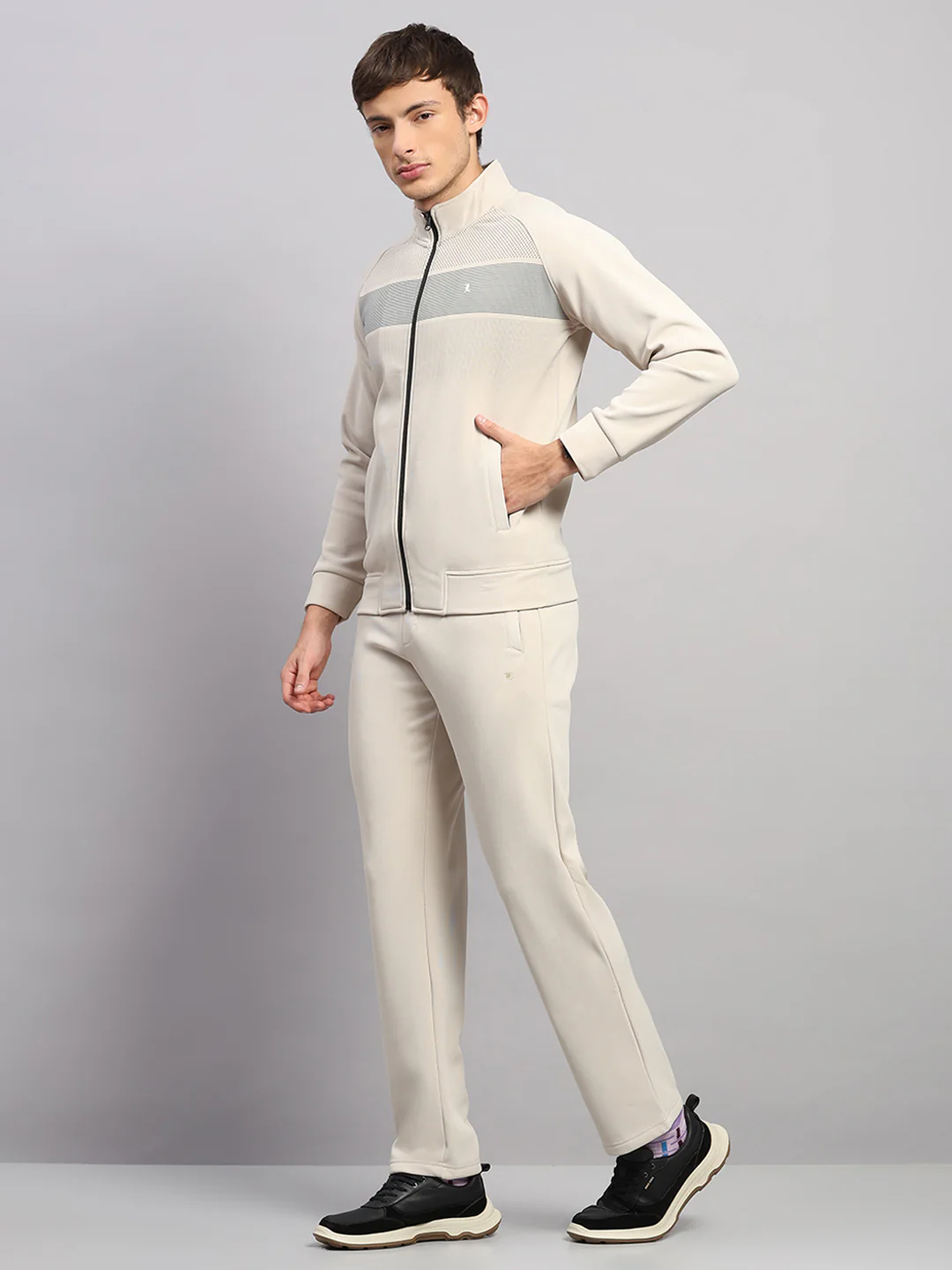 Luxuria Men Beige Solid Collar Full Sleeve Winter Tracksuit - Image 3