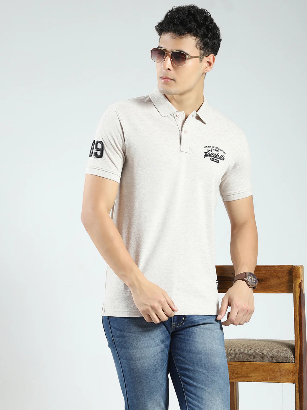 Rock.it Men Beige Solid Collar Half Sleeve T-Shirt - Image 6