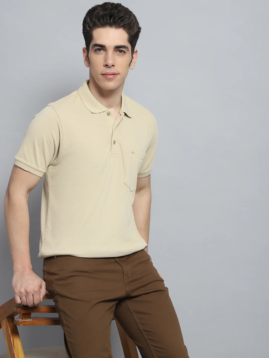 Men Beige Solid Collar Half Sleeve T-Shirt - Image 6