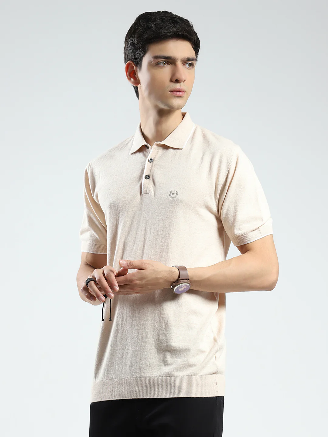 Men Beige Solid Collar Half Sleeve T-Shirt - Image 3