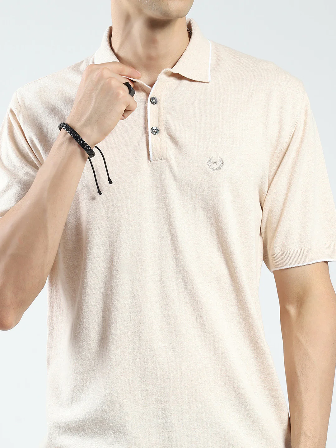 Men Beige Solid Collar Half Sleeve T-Shirt - Image 7