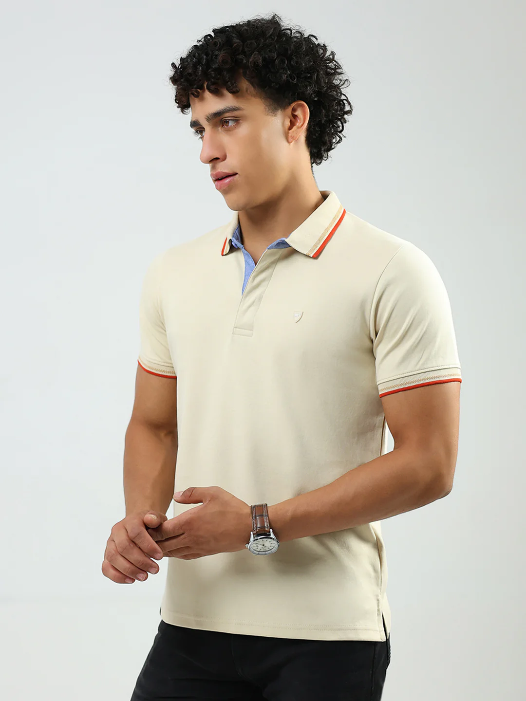 Men Beige Solid Collar Half Sleeve T-Shirt - Image 3