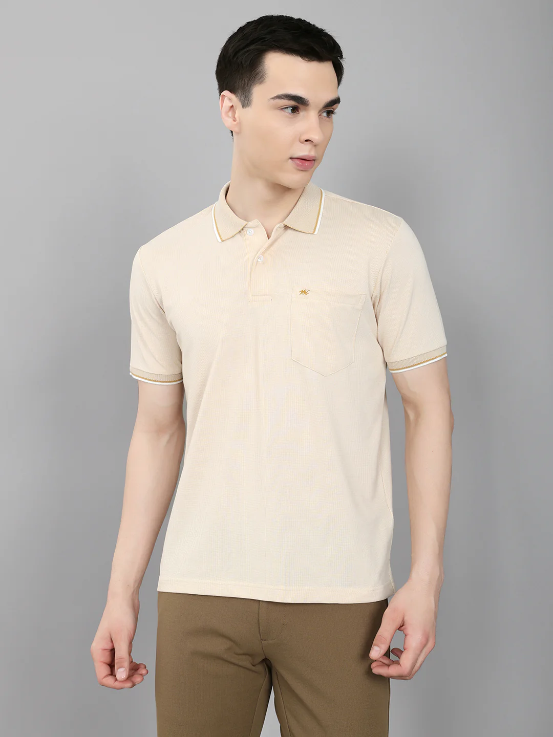 Men Beige Solid Collar Half Sleeve T-Shirt
