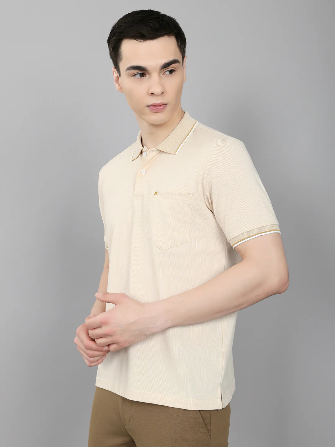Men Beige Solid Collar Half Sleeve T-Shirt - Image 2