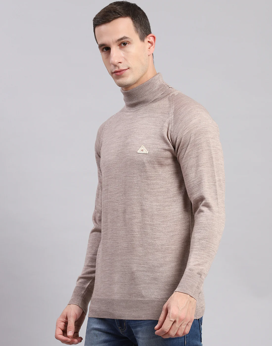 Men Beige Solid High Neck Full Sleeve Pullover - Image 3