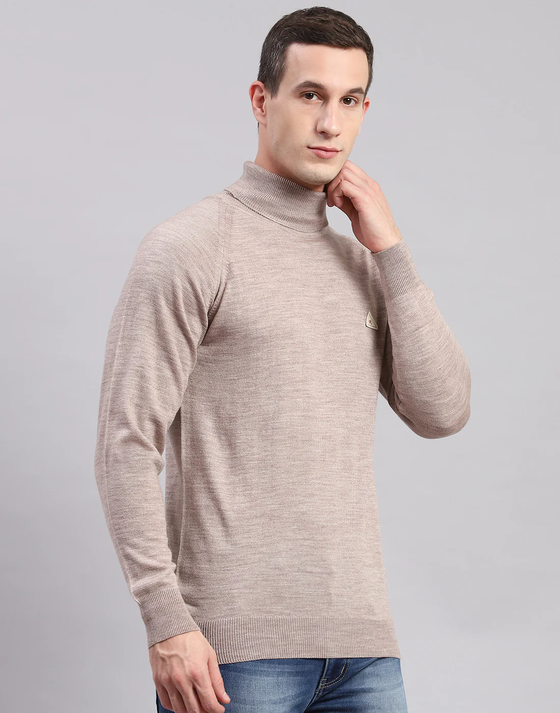 Men Beige Solid High Neck Full Sleeve Pullover - Image 4