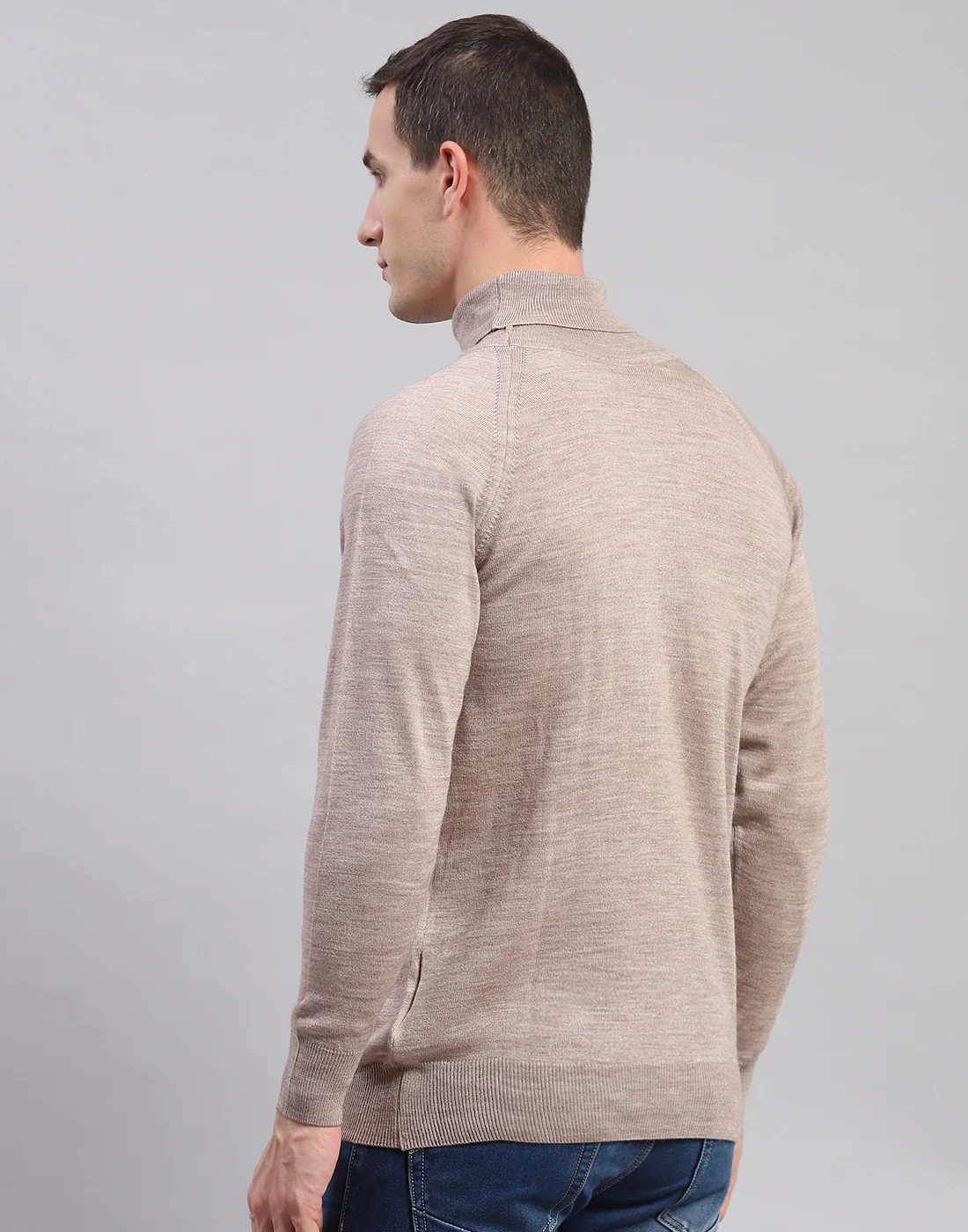 Men Beige Solid High Neck Full Sleeve Pullover - Image 5