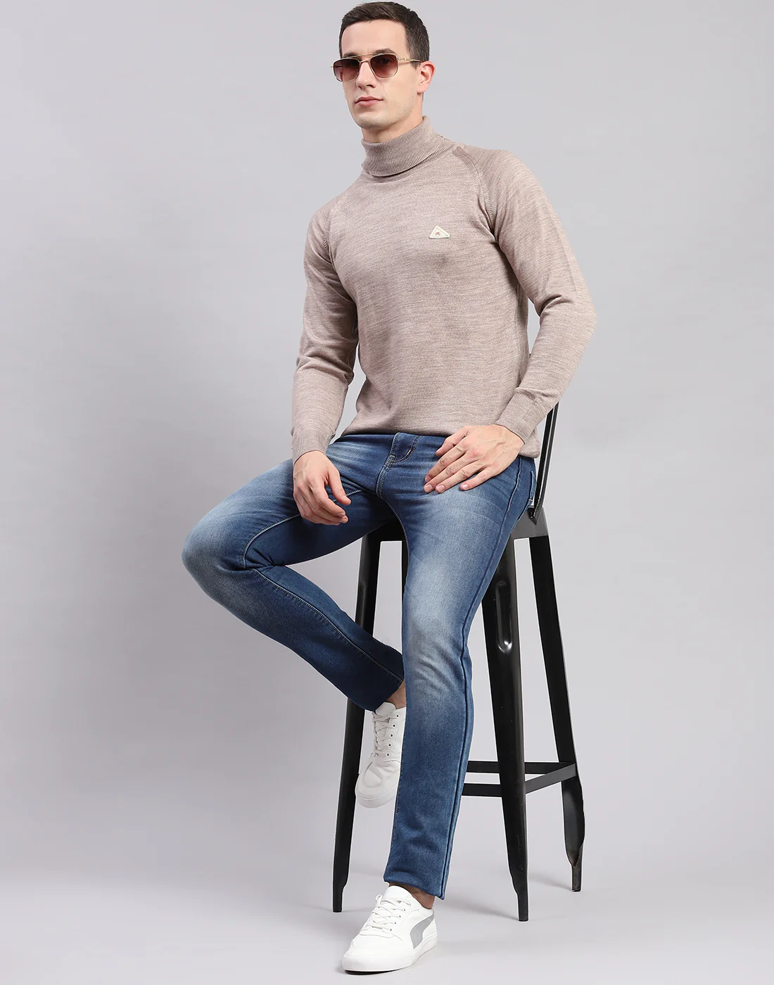 Men Beige Solid High Neck Full Sleeve Pullover - Image 6