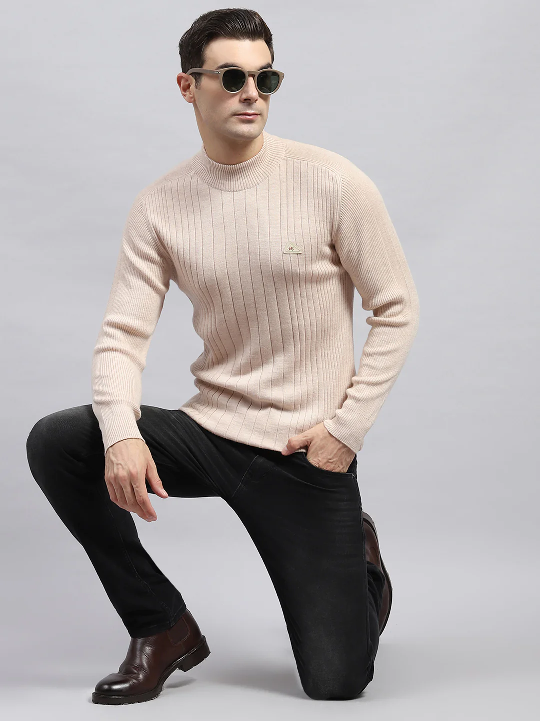 Men Beige Solid High Neck Full Sleeve Pullover - Image 2
