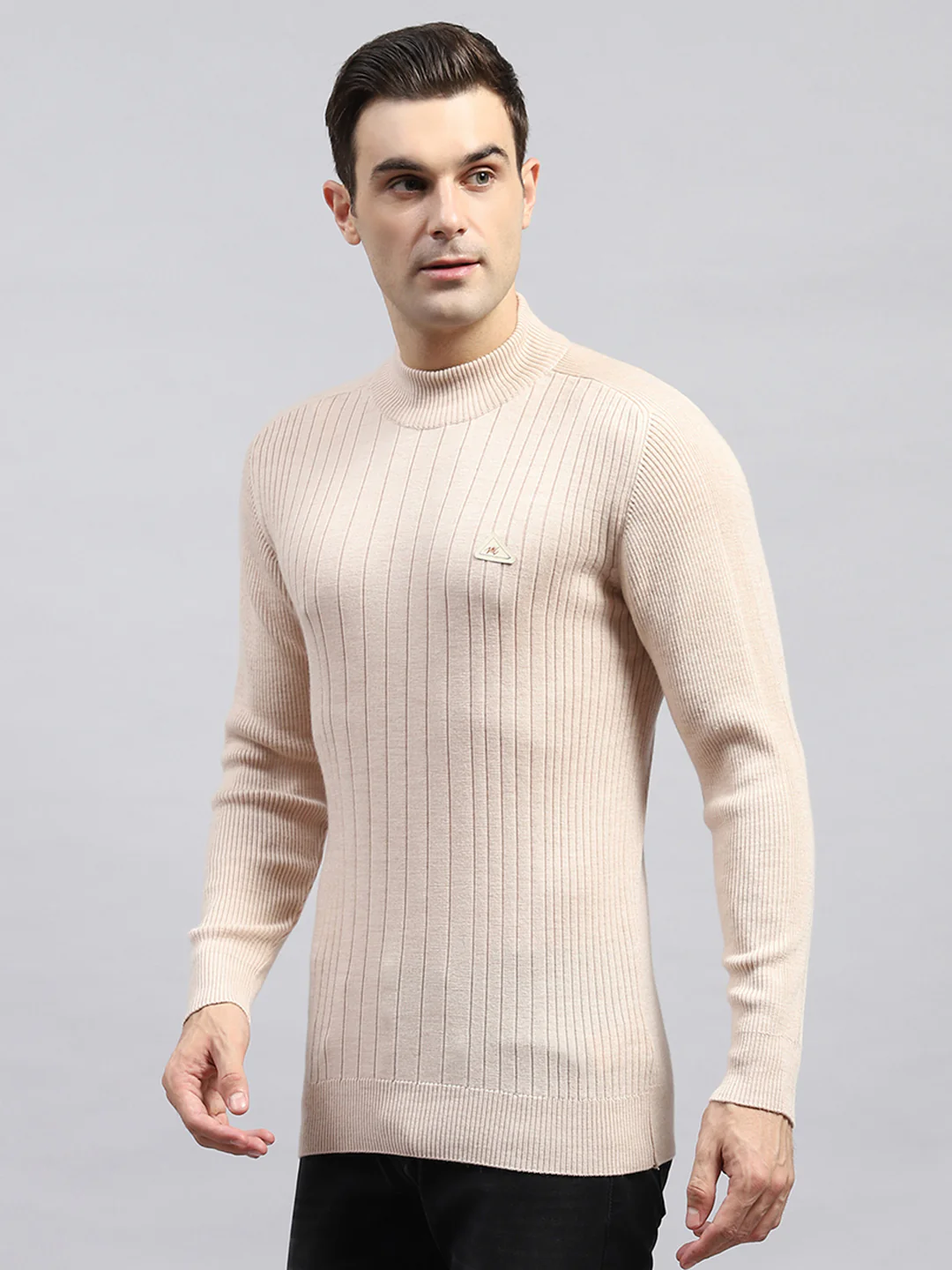 Men Beige Solid High Neck Full Sleeve Pullover - Image 3