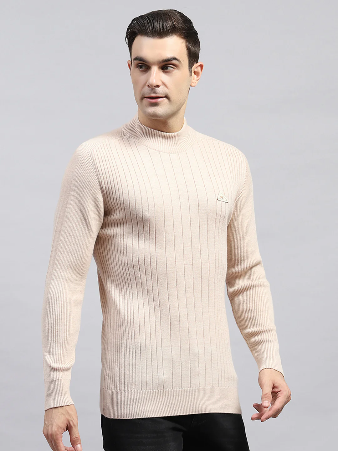Men Beige Solid High Neck Full Sleeve Pullover - Image 4