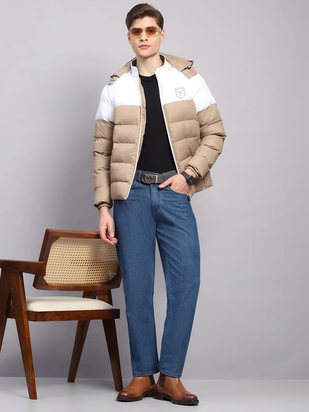 Men Beige Solid Hooded Full Sleeve Jacket - Image 2