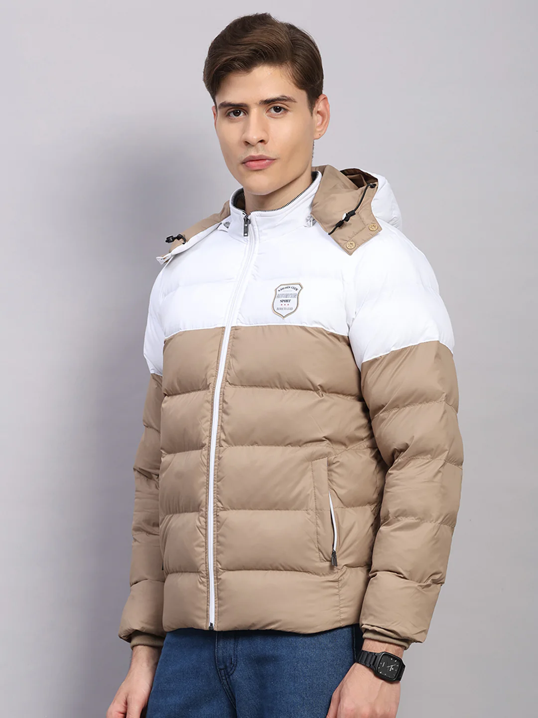 Men Beige Solid Hooded Full Sleeve Jacket - Image 3
