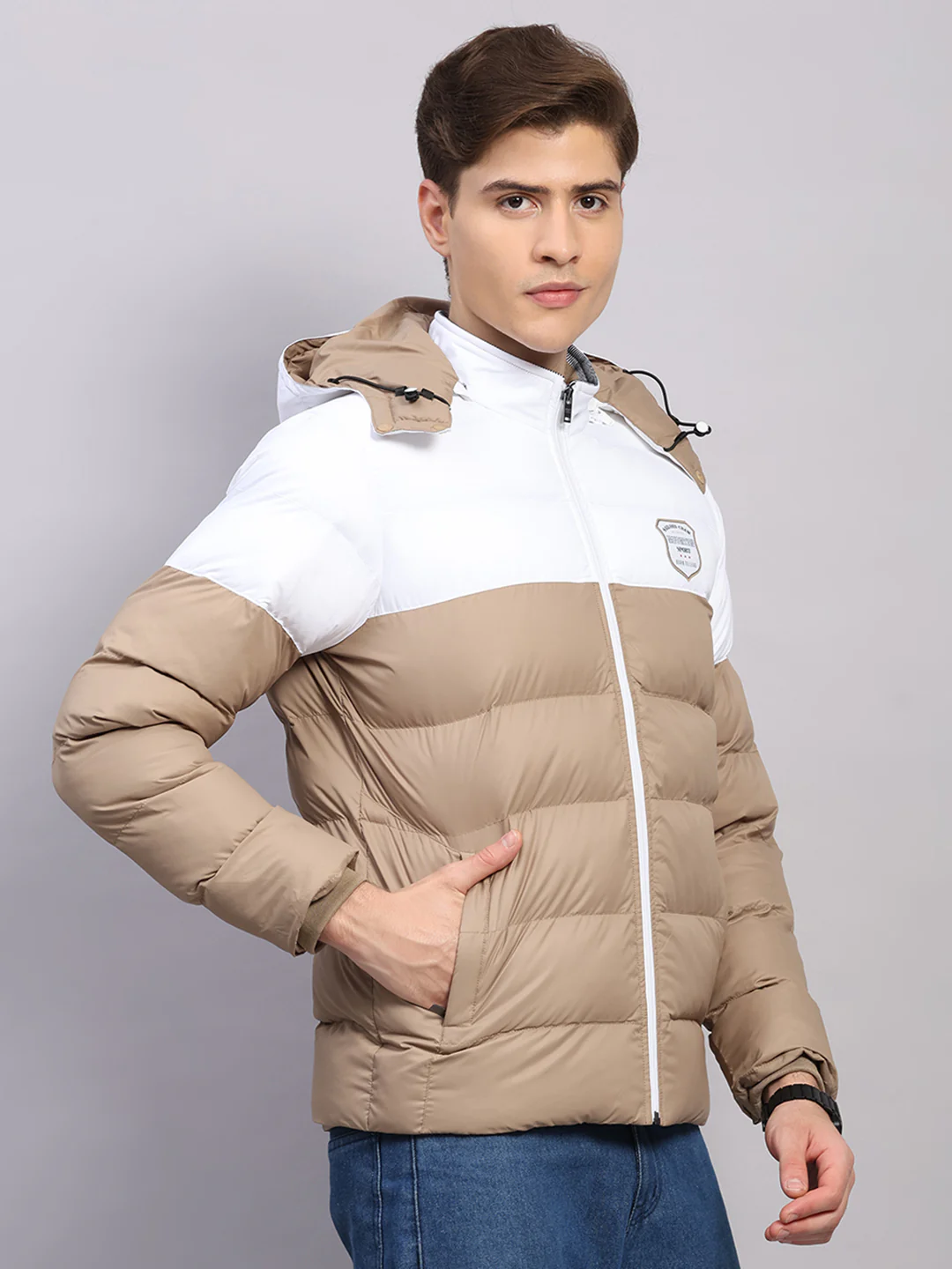 Men Beige Solid Hooded Full Sleeve Jacket - Image 4