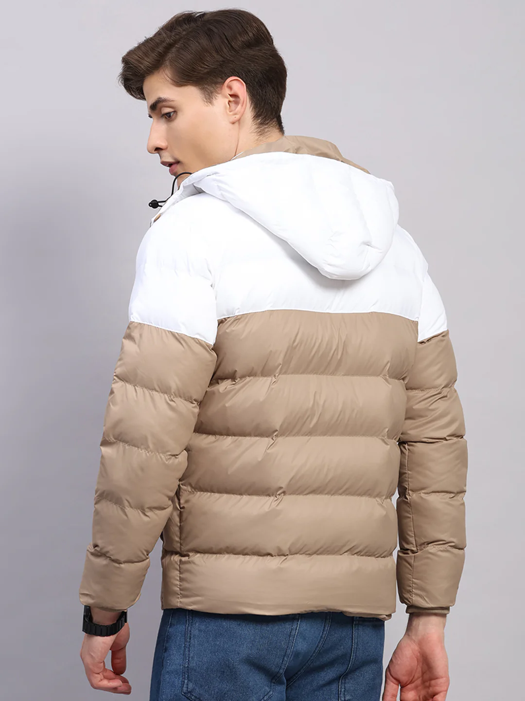 Men Beige Solid Hooded Full Sleeve Jacket - Image 5