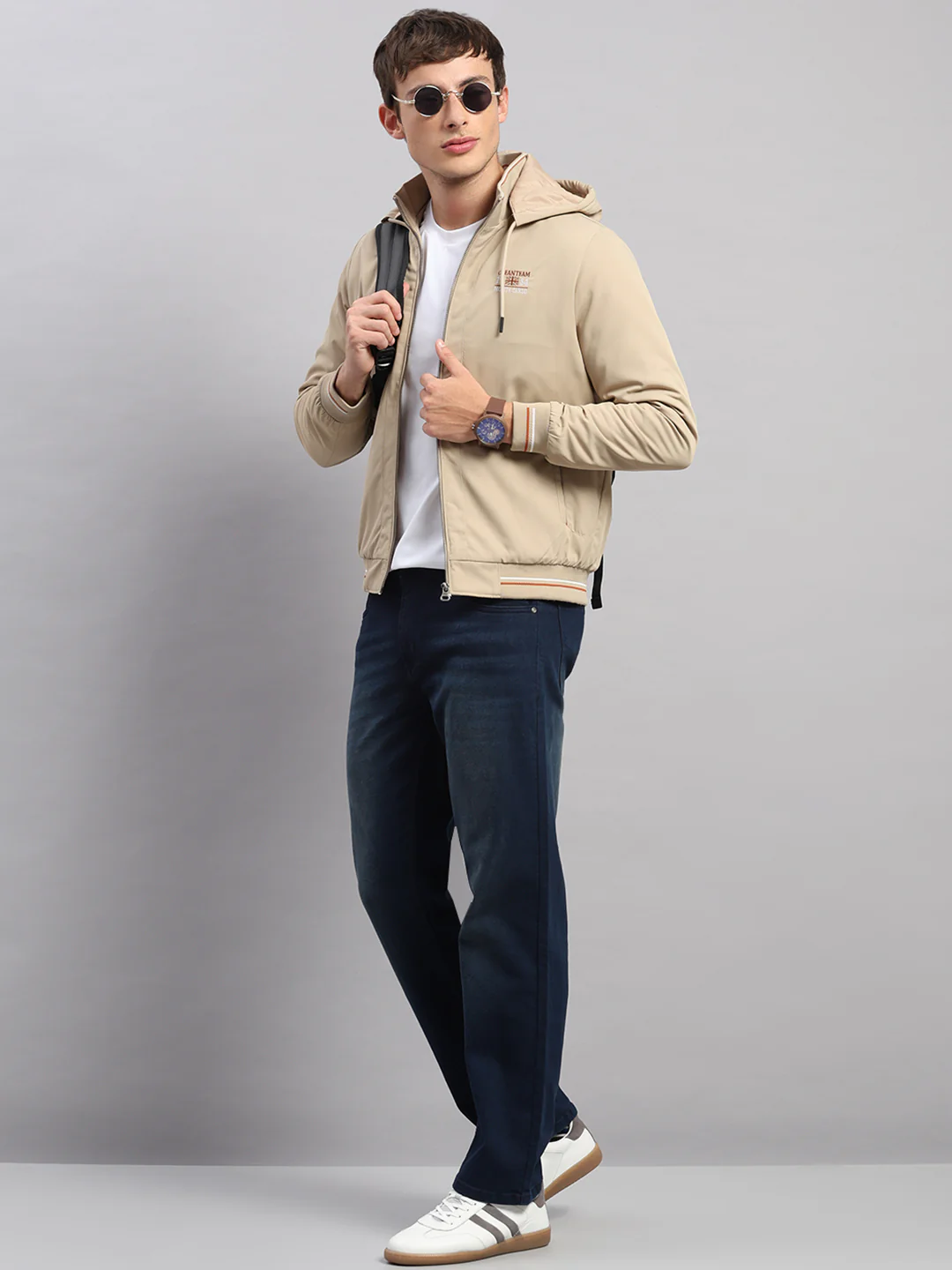 Men Beige Solid Hooded Full Sleeve Jacket - Image 2