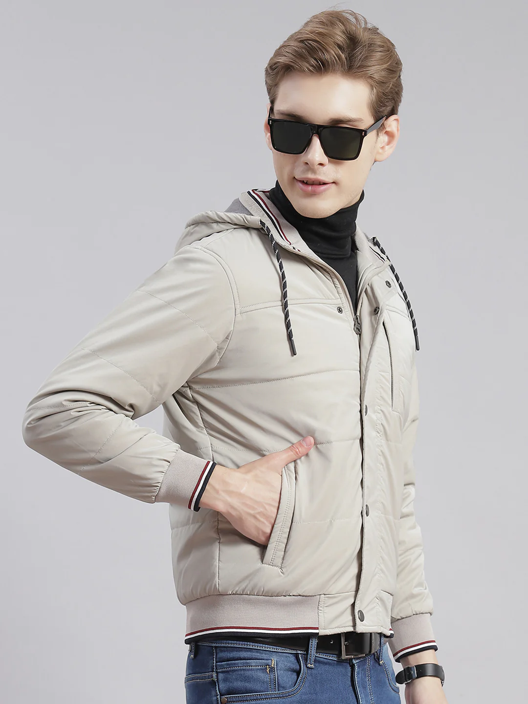 Men Beige Solid Hooded Full Sleeve Jackets - Image 5