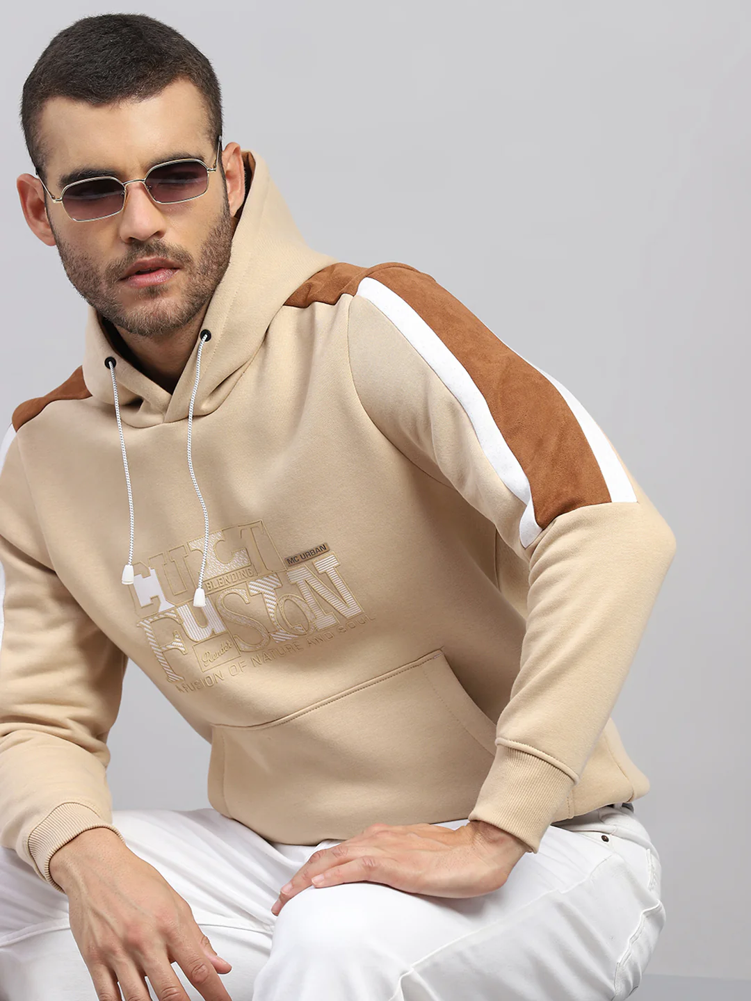 Men Beige Solid Hooded Full Sleeve Sweatshirt - Image 6