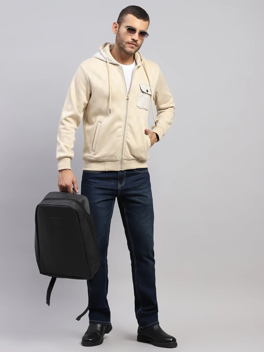 Men Beige Solid Hooded Full Sleeve Sweatshirt - Image 2