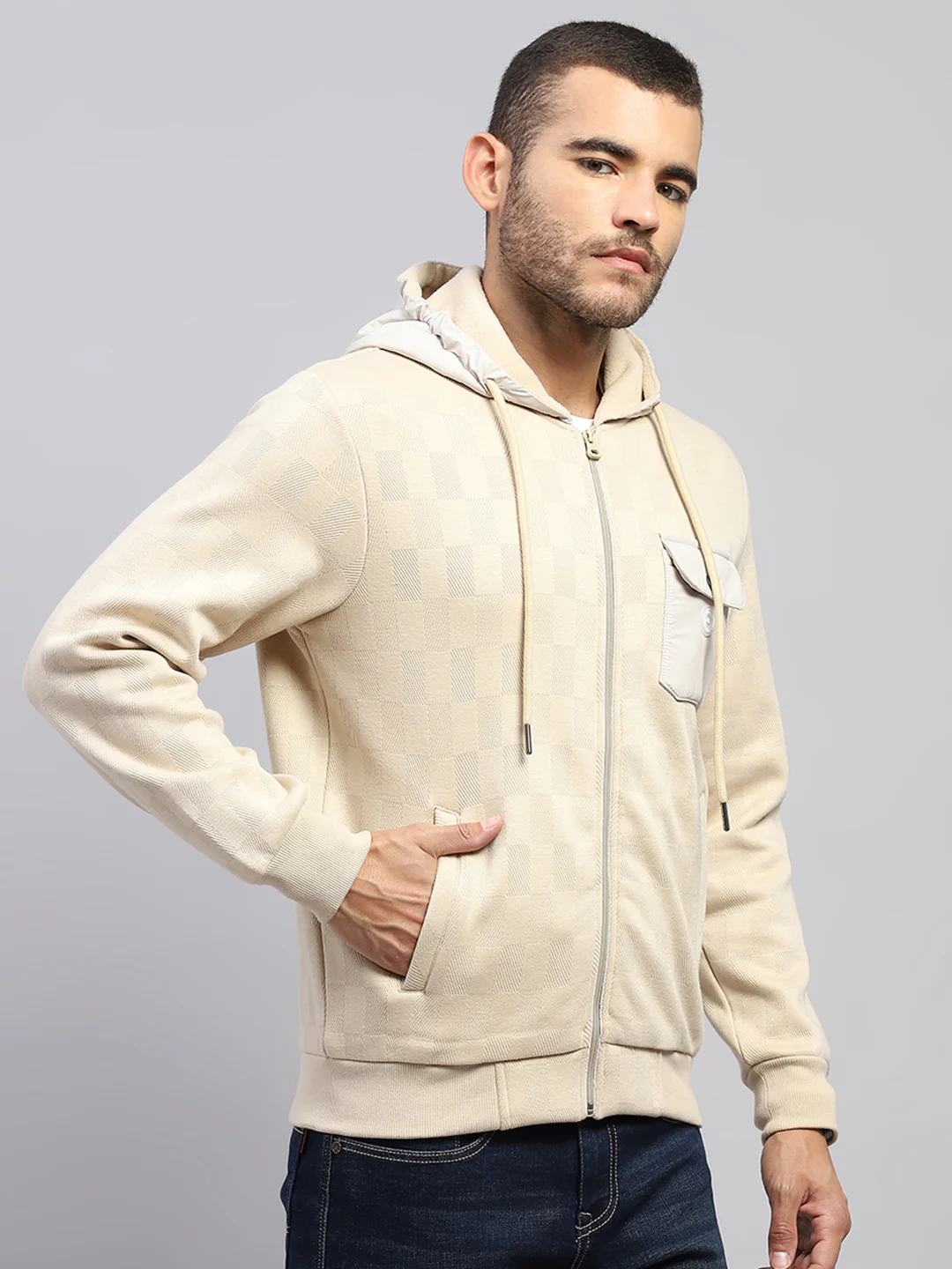 Men Beige Solid Hooded Full Sleeve Sweatshirt - Image 4