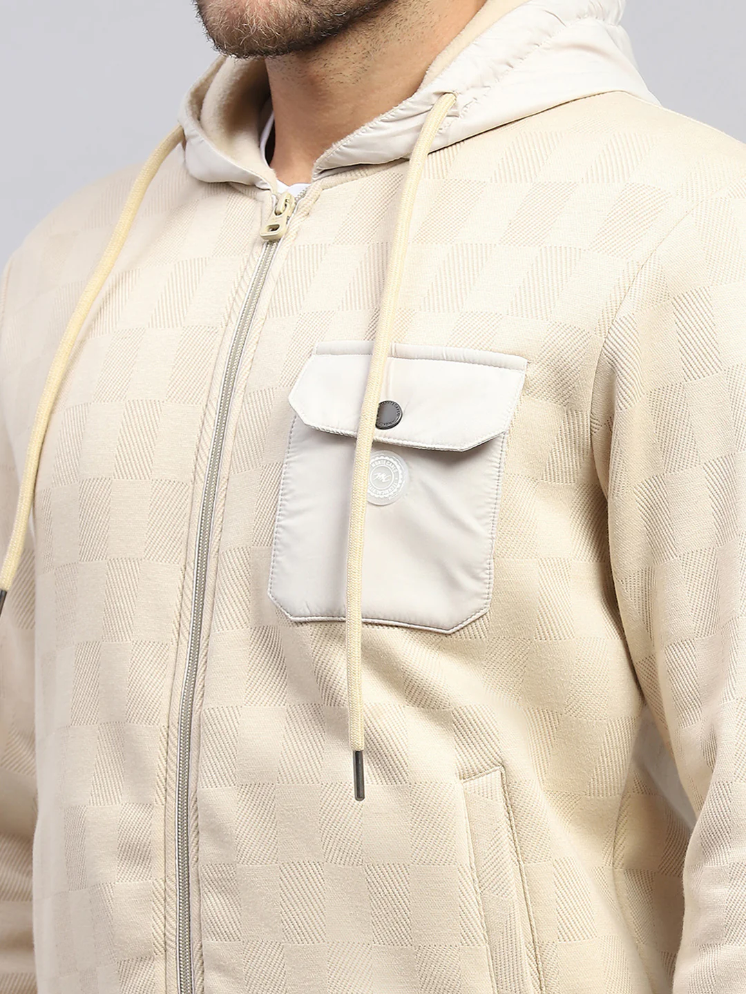 Men Beige Solid Hooded Full Sleeve Sweatshirt - Image 6