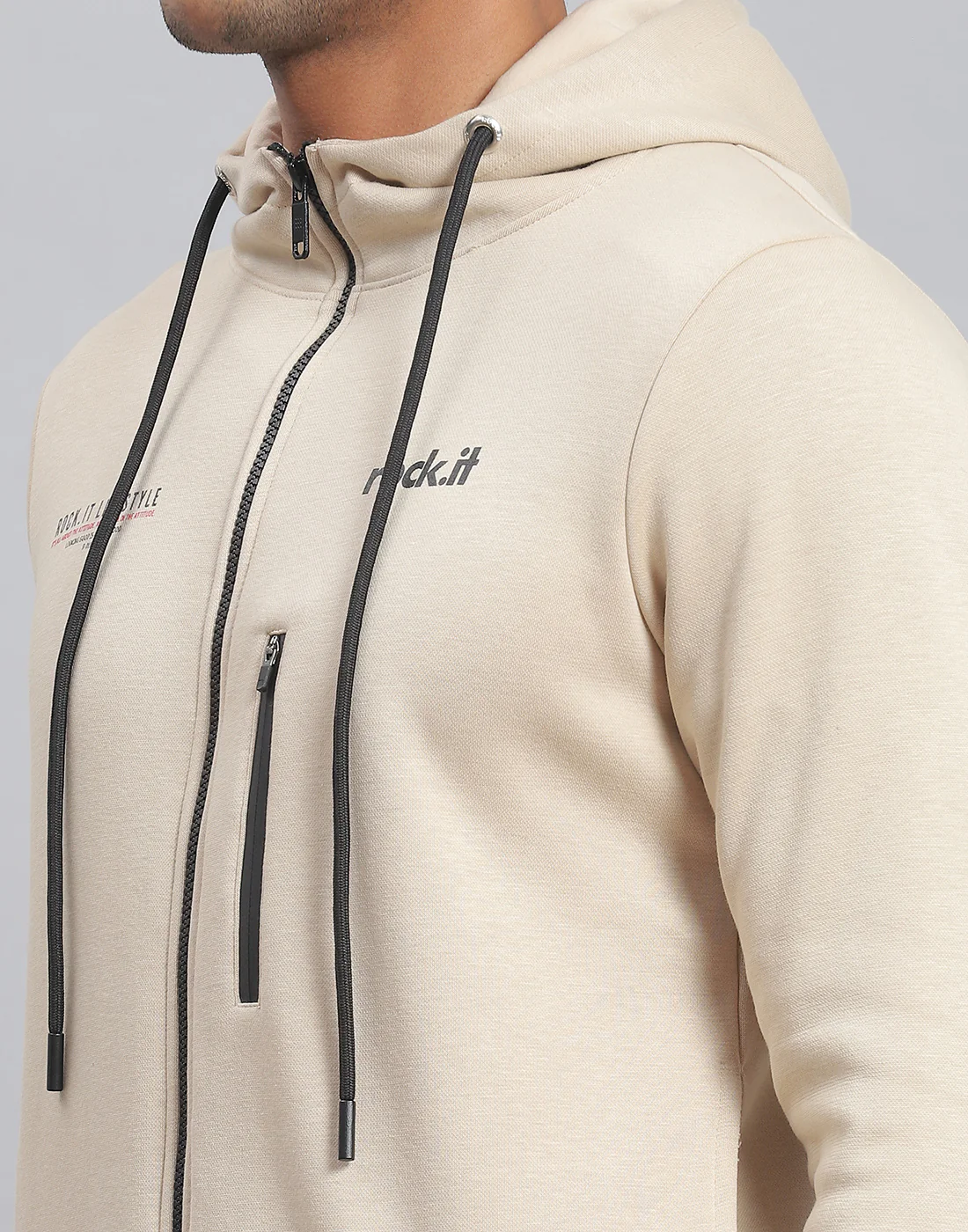 Rock.it Men Beige Solid Hooded Full Sleeve Tracksuit - Image 6