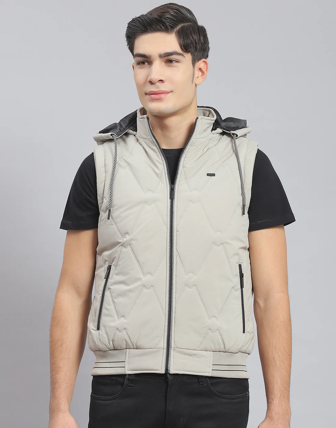Men Beige Solid Hooded Sleeveless Jacket - Image 3