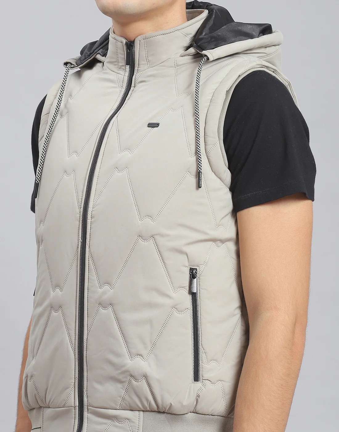 Men Beige Solid Hooded Sleeveless Jacket - Image 6