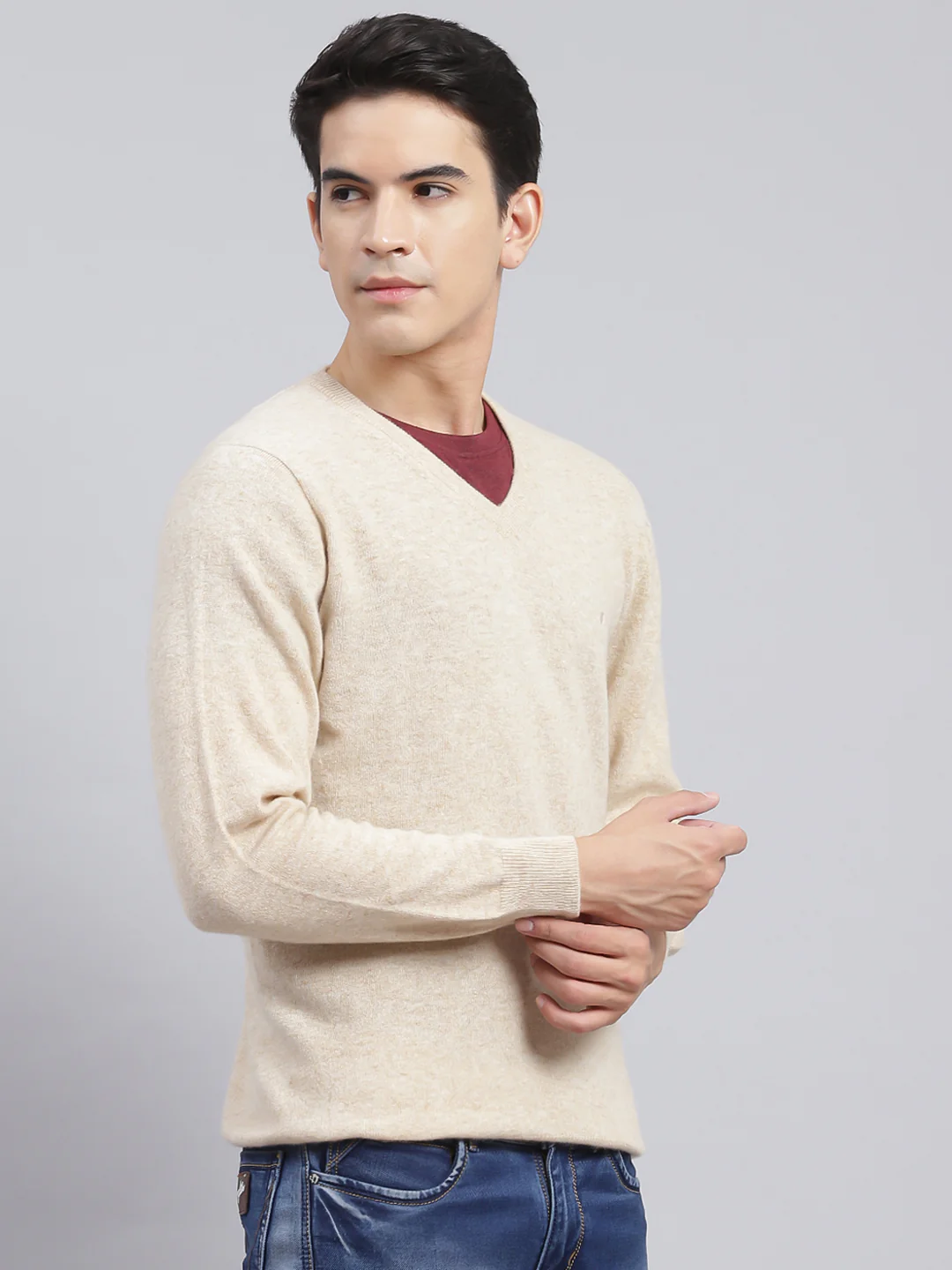Men Beige Solid Lamb wool Pullover - Image 3