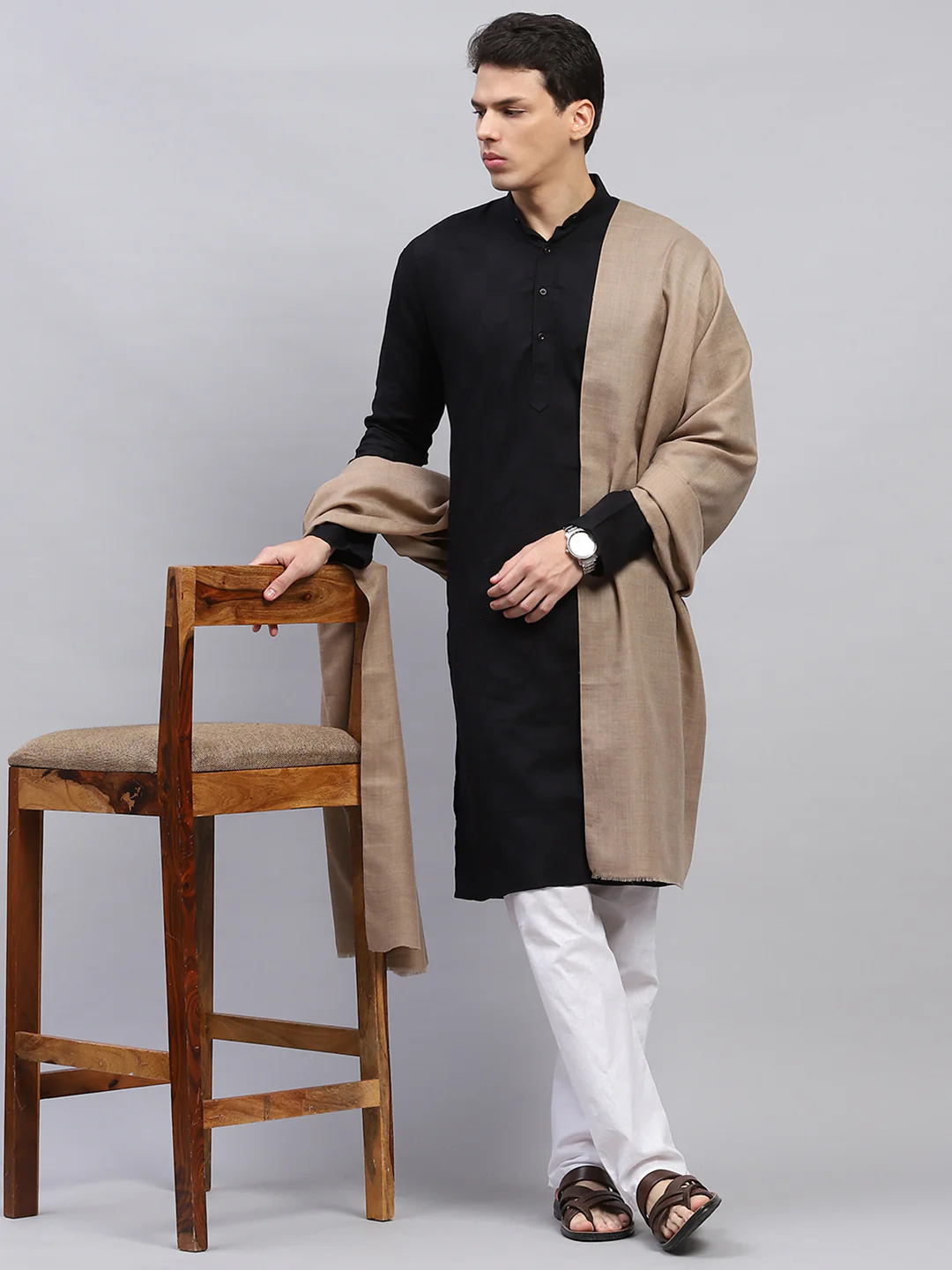 Men Beige Solid Lohi Shawl - Image 2