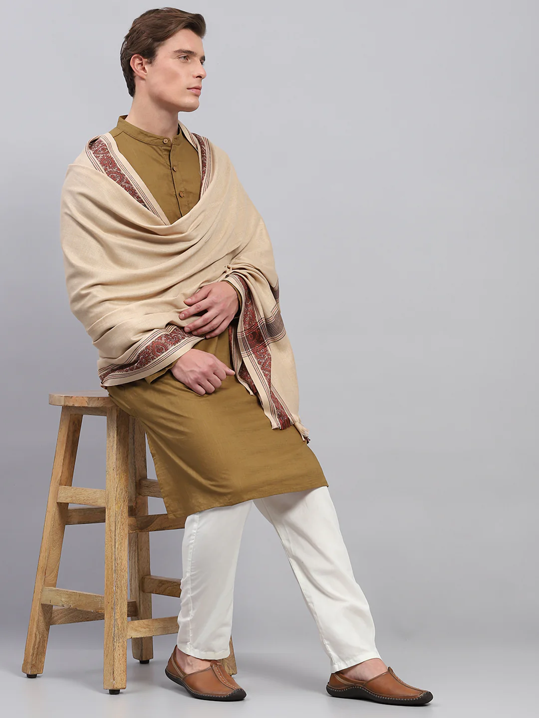 Men Beige Solid Lohi Shawl - Image 2