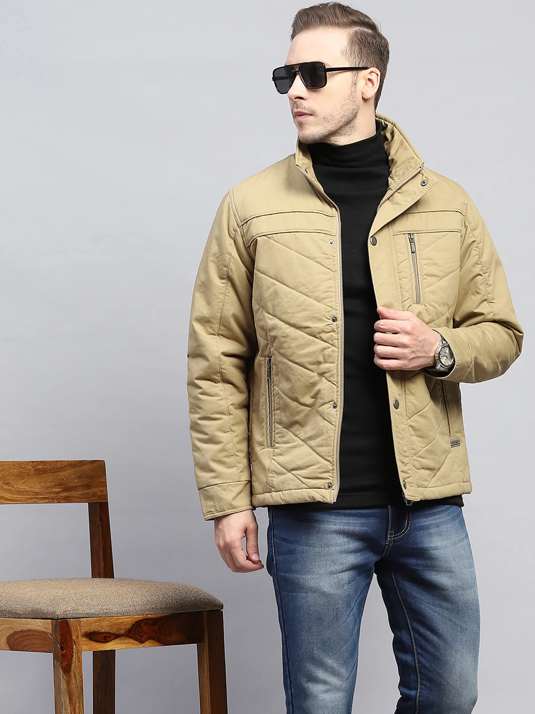 Men Beige Solid Mock Neck Full Sleeve Jacket - Image 6